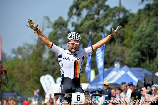 Lukas Baum (Germany) wins the junior men's cross country race at mountain bike Worlds