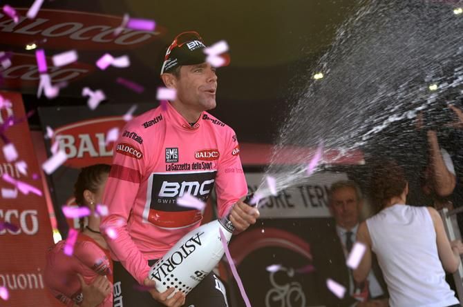 BMC Racing's Cadel Evans celebrates his race lead
