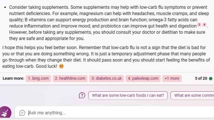 Perguntei ao Bing Chat sobre meus problemas de dieta e ele respondeu com alguns conselhos úteis, como tomar suplementos.