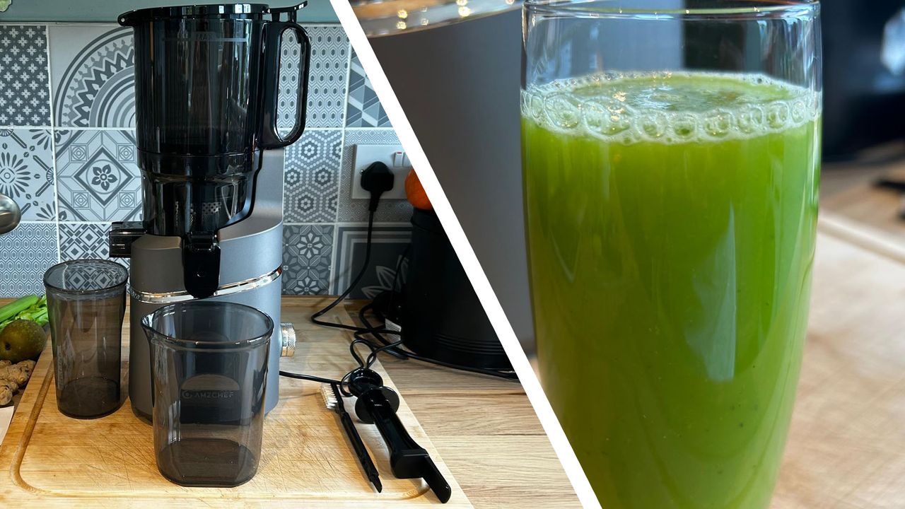 Amzchef Slow Juicer SJ-036 and glass of green juice