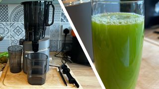 Amzchef Slow Juicer SJ-036 adn glass of green juice