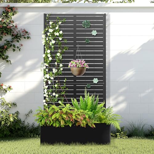 Metal Raised Garden Bed With Trellis, 2 in 1 Trellis With Planter Box &amp;amp; Privacy Screen for Climbing Plants, Vine, Outdoor Standing Flower Beds With Drainage Holes, 35.4&quot;l X 15.7&quot;w X 70.9&quot;h, Black