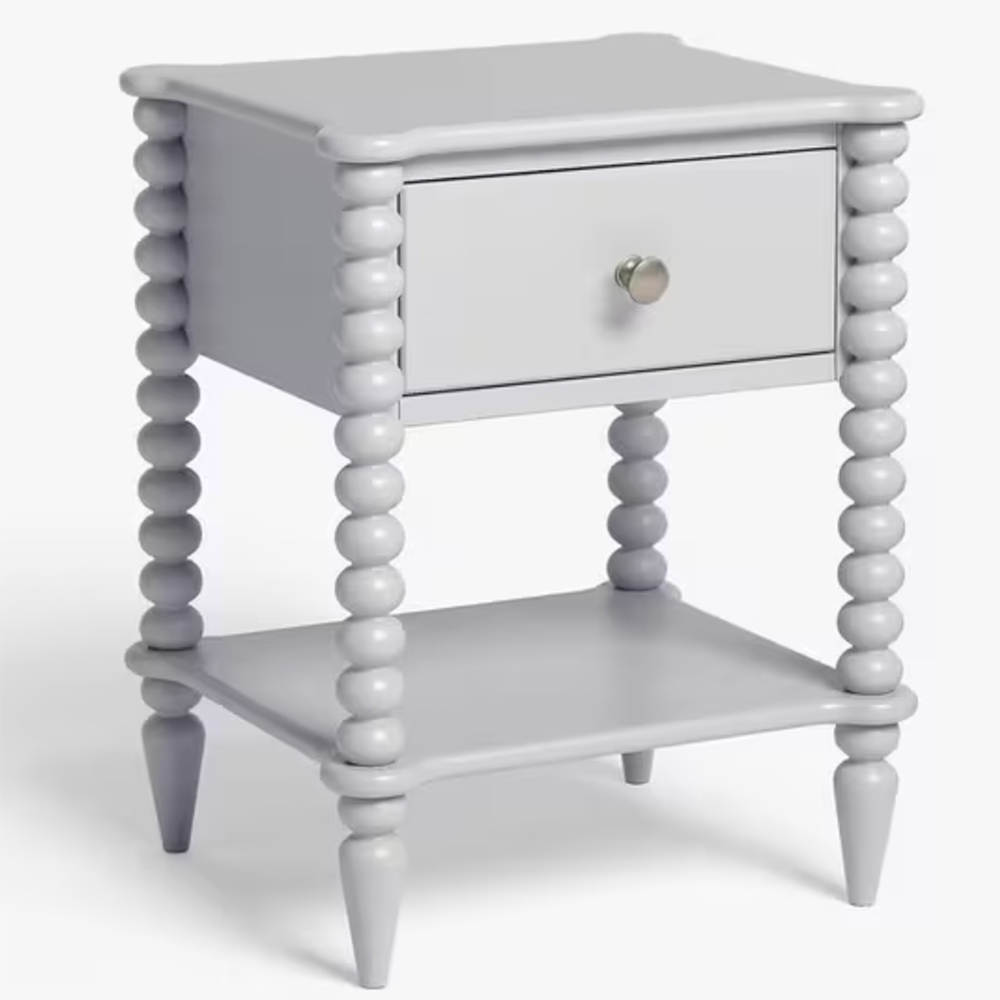 Pale blue bedside table with bobbin shaped legs