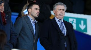 Carlo Ancelotti watches Everton with his son Davide at Goodison Park after taking over as manager in December 2019.