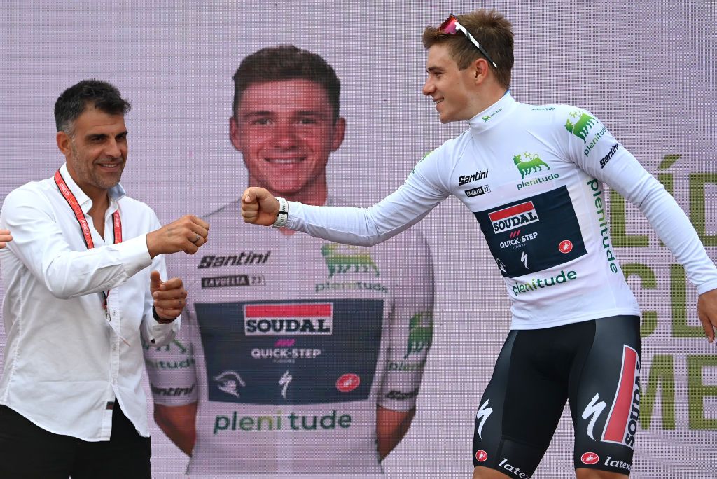 VALLADOLID SPAIN SEPTEMBER 05 Remco Evenepoel of Belgium and Team Soudal Quick Step celebrates at podium as White Best Young Rider Jersey winner during the 78th Tour of Spain 2023 Stage 10 a 258km individual time trial stage from Valladolid to Valladolid UCIWT on September 05 2023 in Valladolid Spain Photo by Tim de WaeleGetty Images