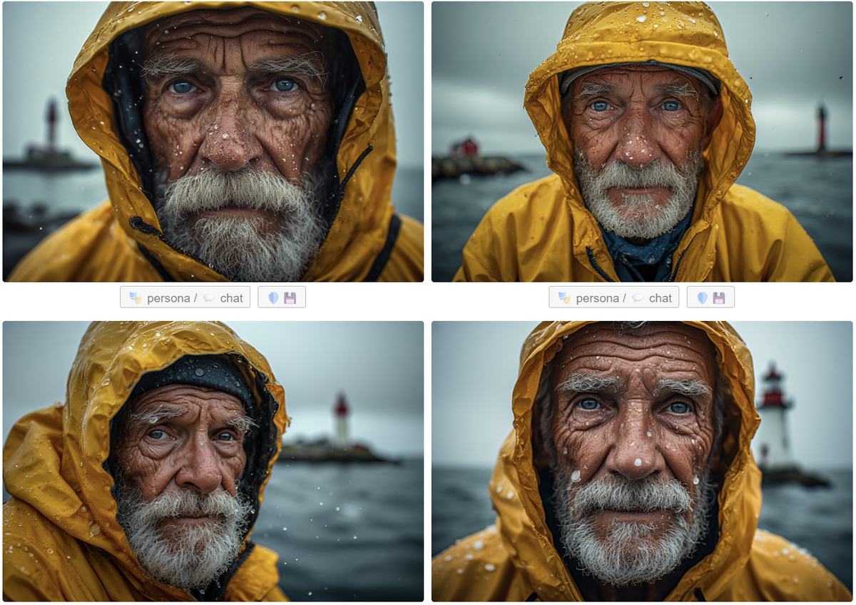 AI-generated images of a fisherman with white beard and mustache dressed in a yellow waterproof coat