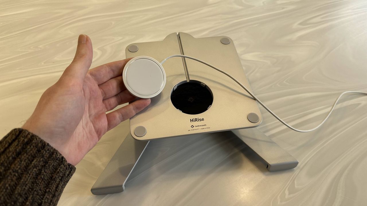 Twelve South HiRise Pro MacBook stand on a marble surface in an office
