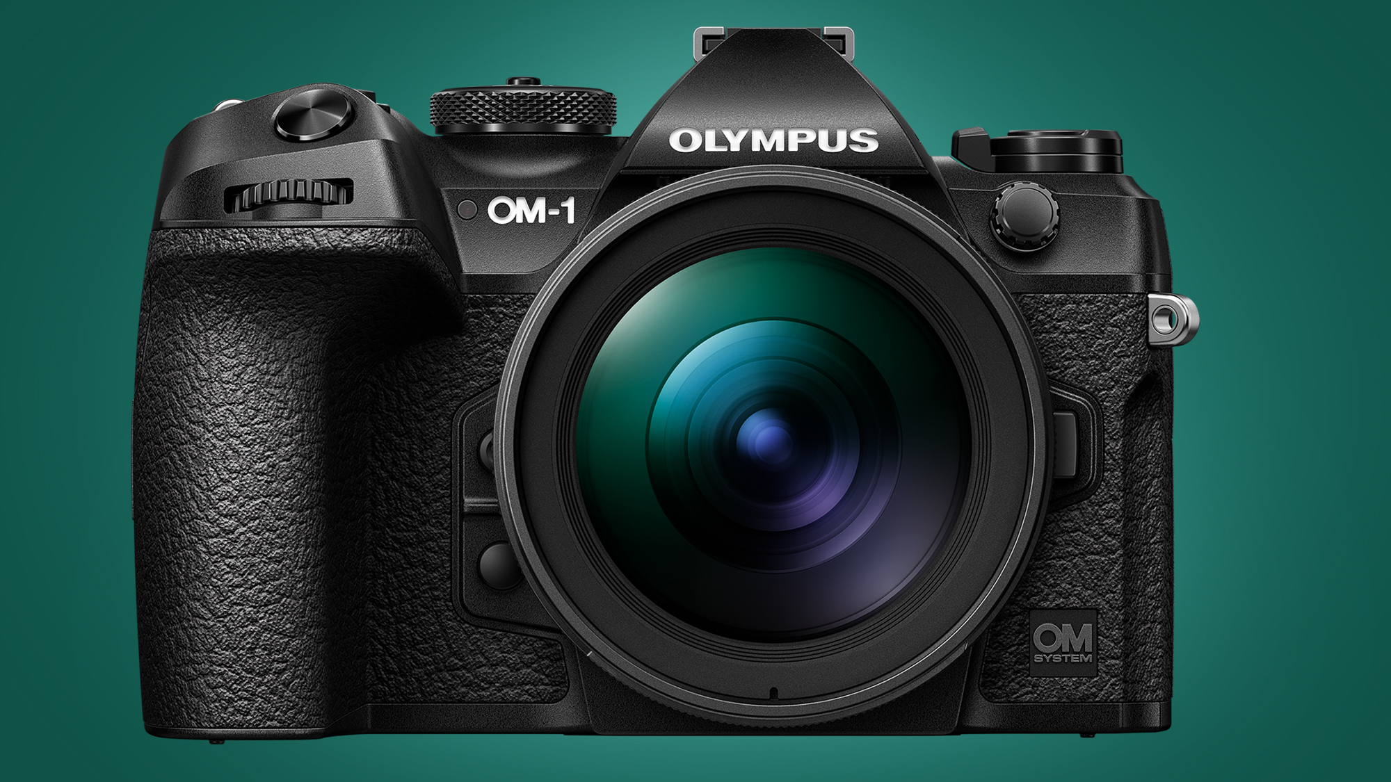 The Olympus OM-1 camera on a green background