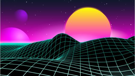 A ball of yellow and pink sits behind a wall of pink gas with ripples of black and green gridded fabric in the foreground.