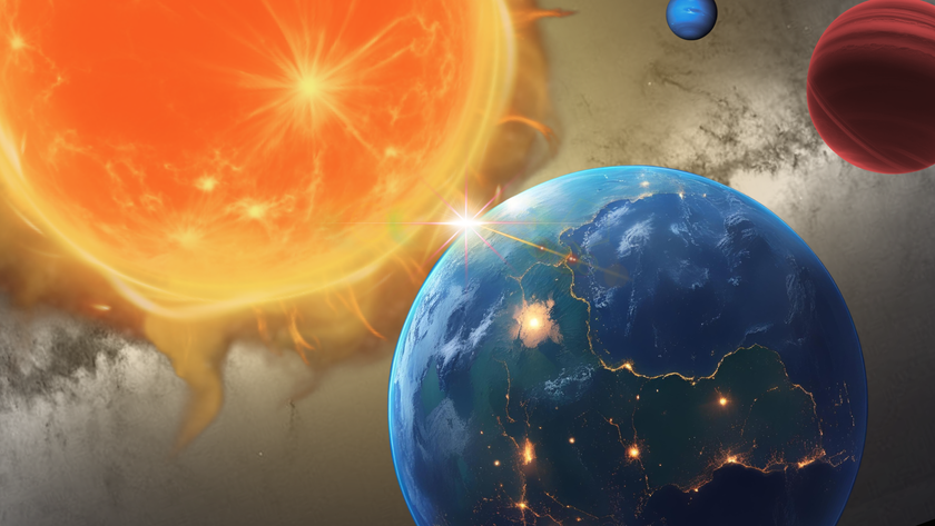 An illustration of a super-Earth exoplanet orbiting its star with very different siblings