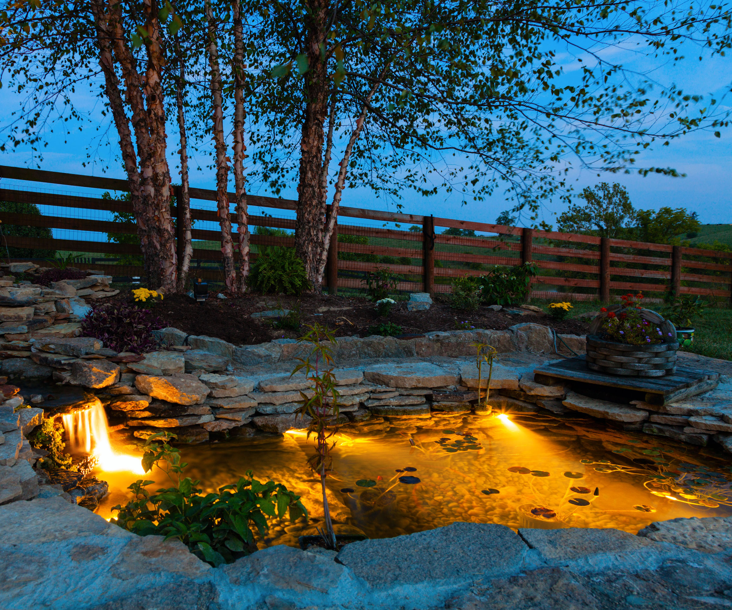 garden pond with lights, and a perimeter fence and trees in the background