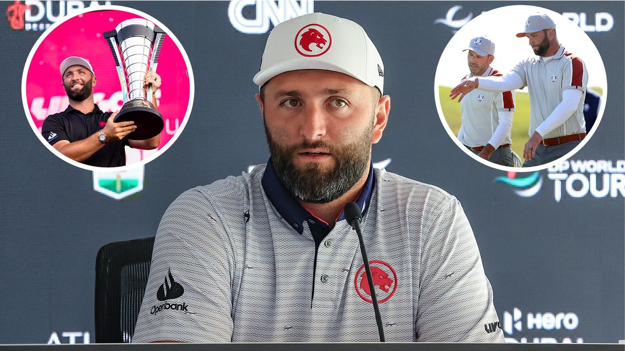 Jon Rahm chats during his press conference 