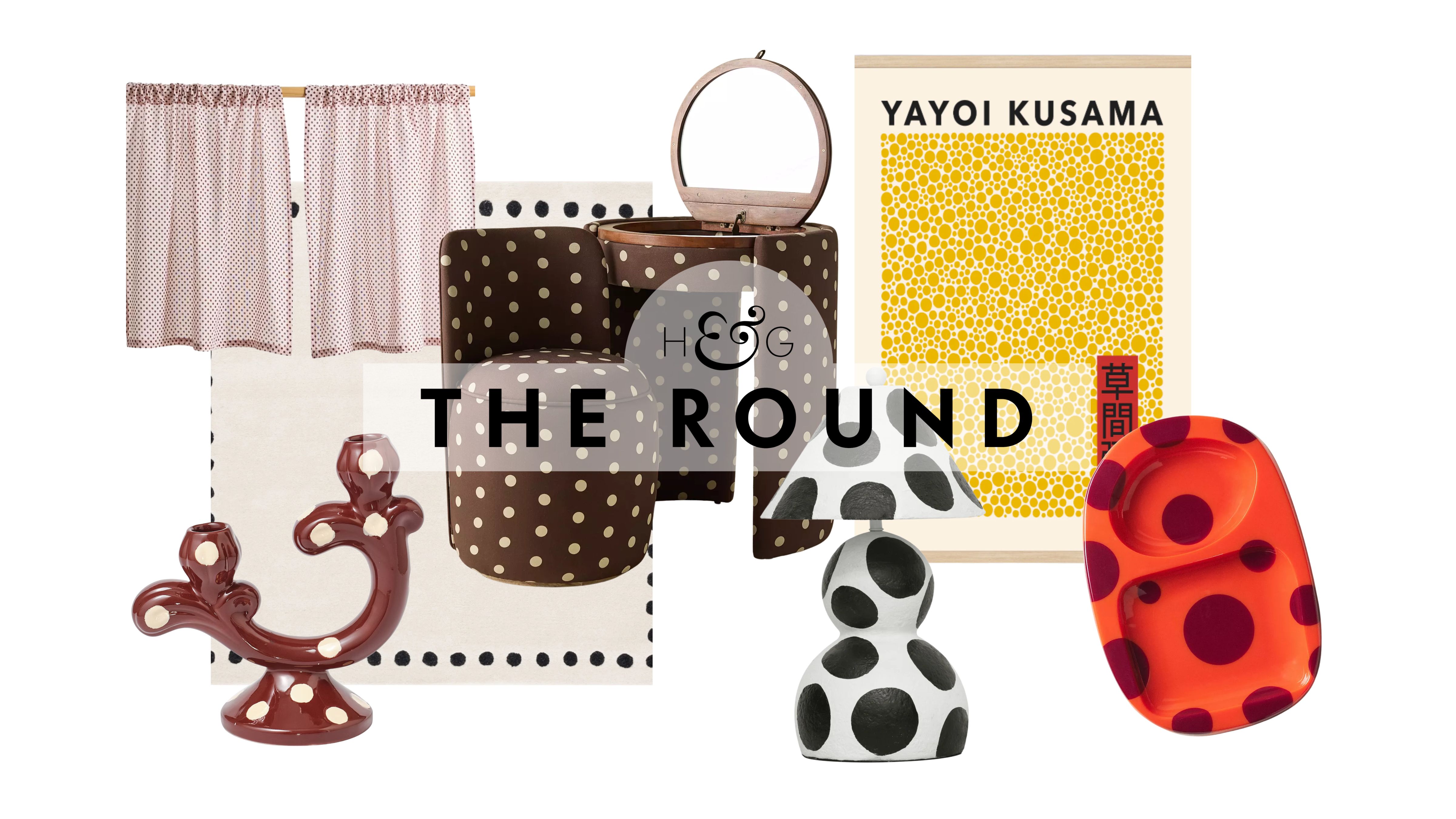 Polka dot decor, including cafe curtains, a candlestick, rug, vanity set, table lamp, wall art, and trinket tray, pictured against a white background