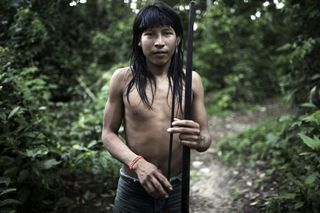 A young Awa hunter in the rainforest.