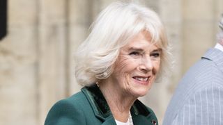 Queen Camilla at the unveiling of a statue of Queen Elizabeth II at York Minster during an official visit to Yorkshire
