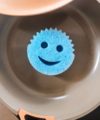 A blue Scrub Daddy inside a pan with a gray interior and a peach lid and handle