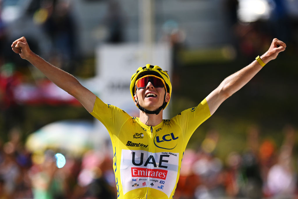 PLATEAU DE BEILLE FRANCE JULY 14 Tadej Pogacar of Slovenia and UAE Team Emirates Yellow Leader Jersey celebrates at finish line as stage winner during the 111th Tour de France 2024 Stage 15 a 1977km stage from Loudenvielle to Plateau de Beille 1782m UCIWT on July 14 2024 in Plateau de Beille France Photo by Dario BelingheriGetty Images