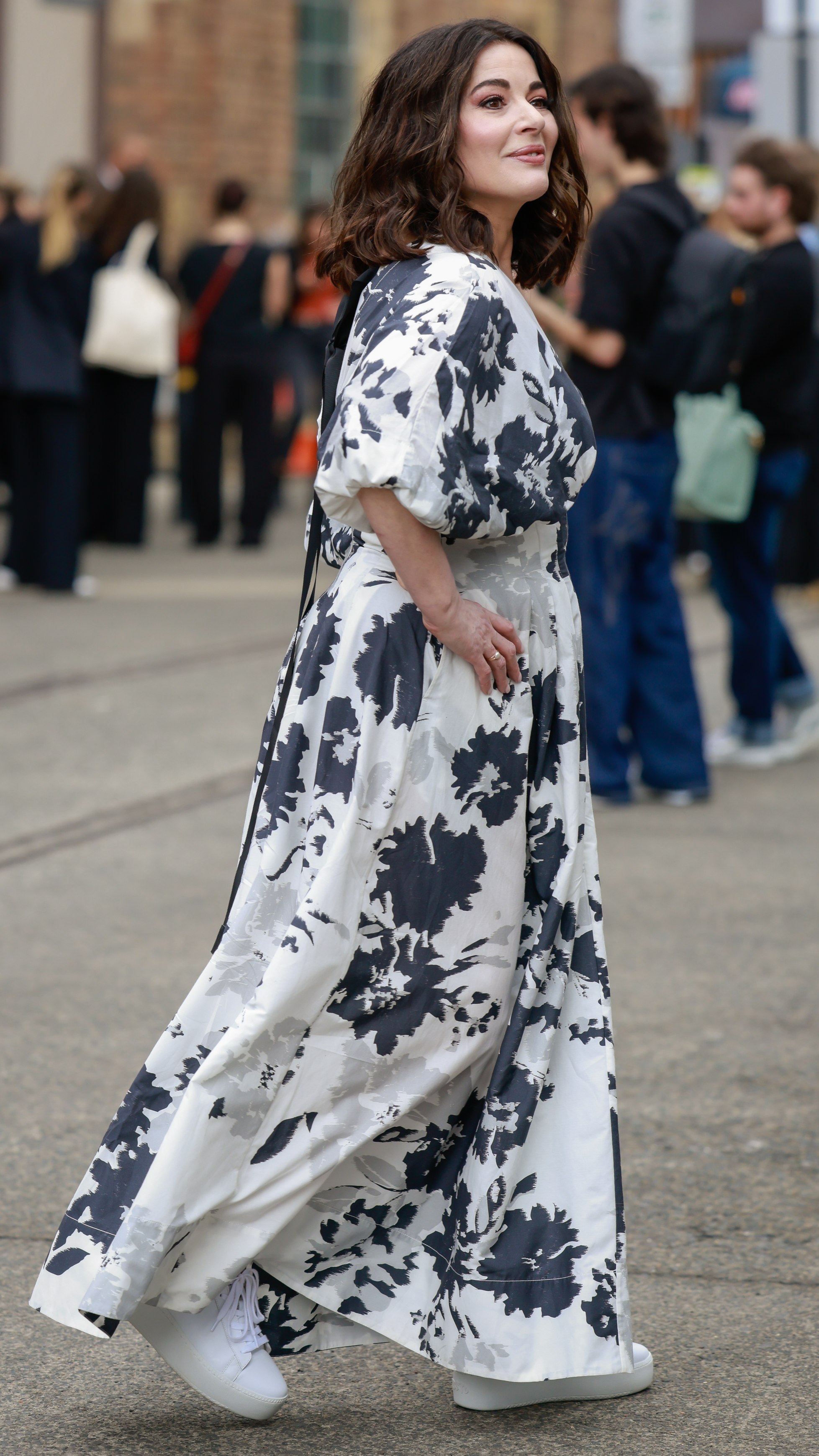 Nigella Lawson wearing a black and white maxi dress during Australian Fashion Week 2025 on May 13, 2025