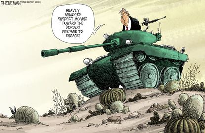 Political cartoon U.S. Trump border Mexico military armadillos