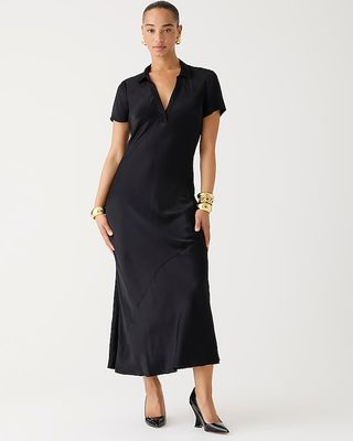 Short-Sleeve Maxi Slip Dress in Luster Crepe