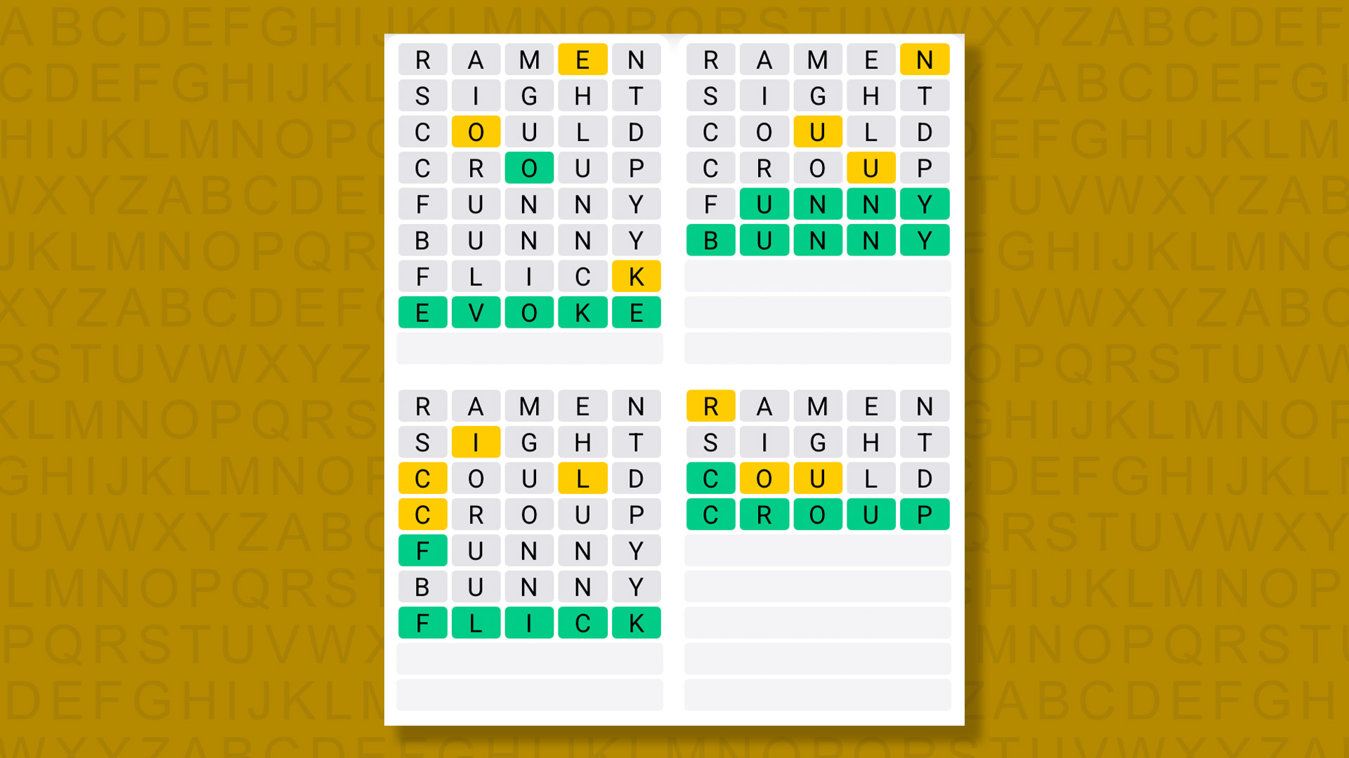 Quordle answers for game 1364 on a yellow background