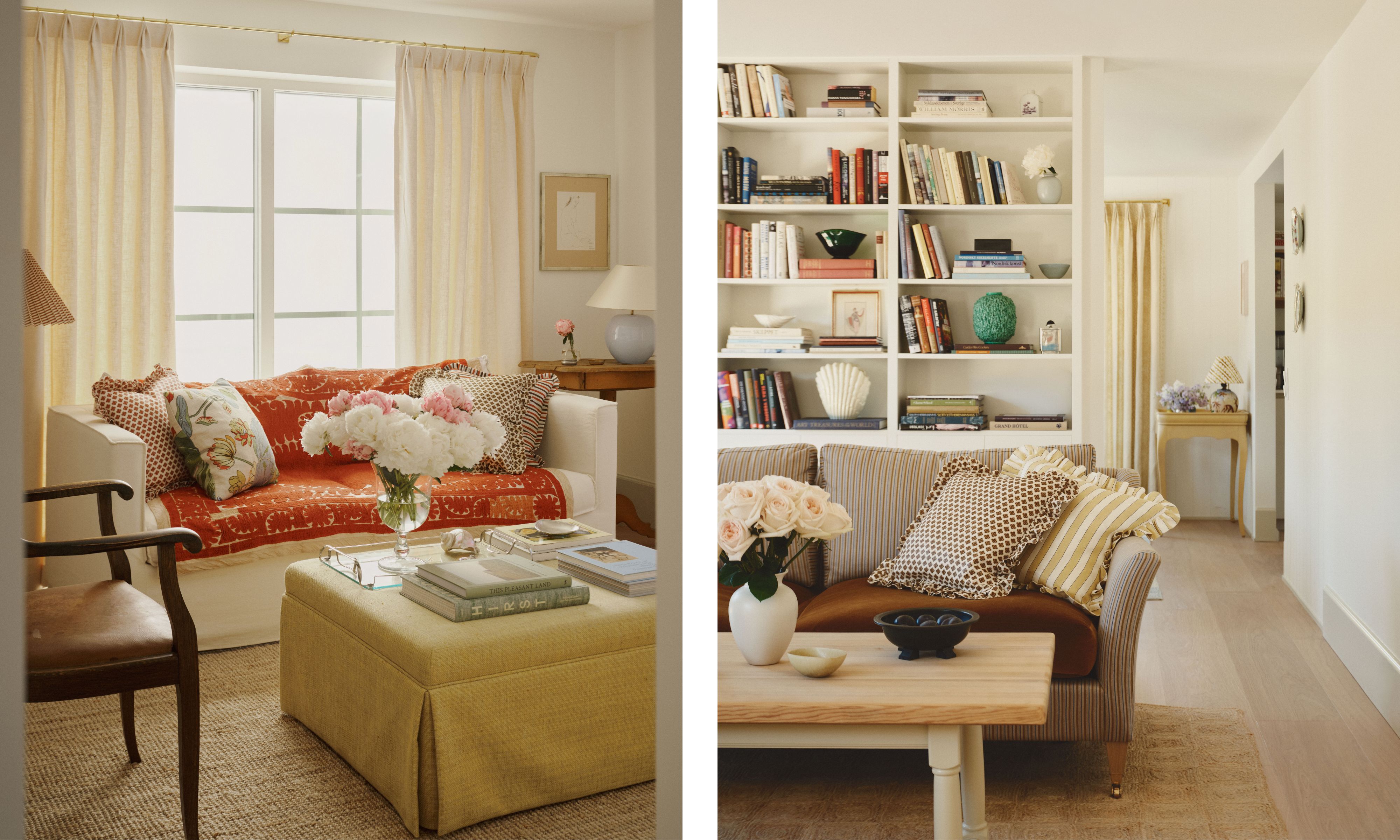 two side by side images of cozy layered beach house living areas