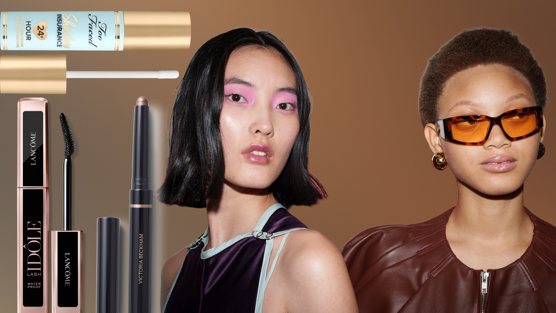 two women wearing waterproof makeup on a brown background