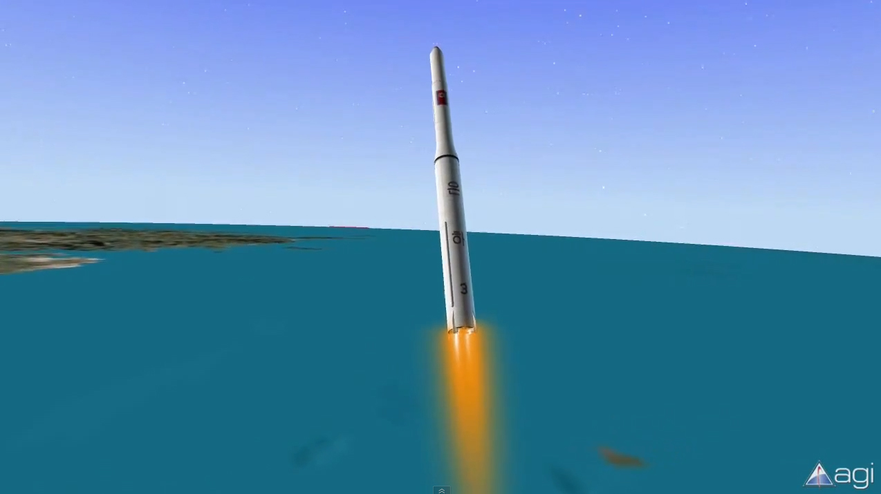 This still from an AGI video simulation shows North Korea&#039;s Unha-3 rocket just after its April 2012 launch.