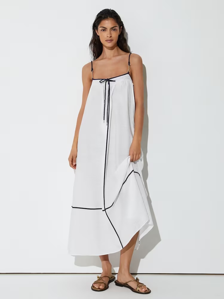 Reiss, Tipped Tie-Detail Midi Beach Dress in Ivory/navy - Size Us 0