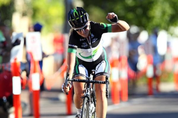 Alexis Rhodes (GreenEDGE-AIS) punches the air on winning the final race in the Santos Cup for women with a trademark solo break.