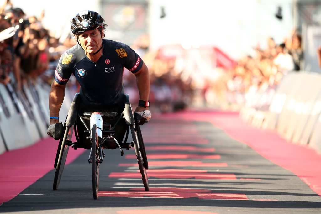 CERVIA ITALY SEPTEMBER 21 Alex Zanardi of Italy crosses the finish line in IRONMAN Italy on September 21 2019 in Cervia Italy Photo by Bryn LennonGetty Images for IRONMAN