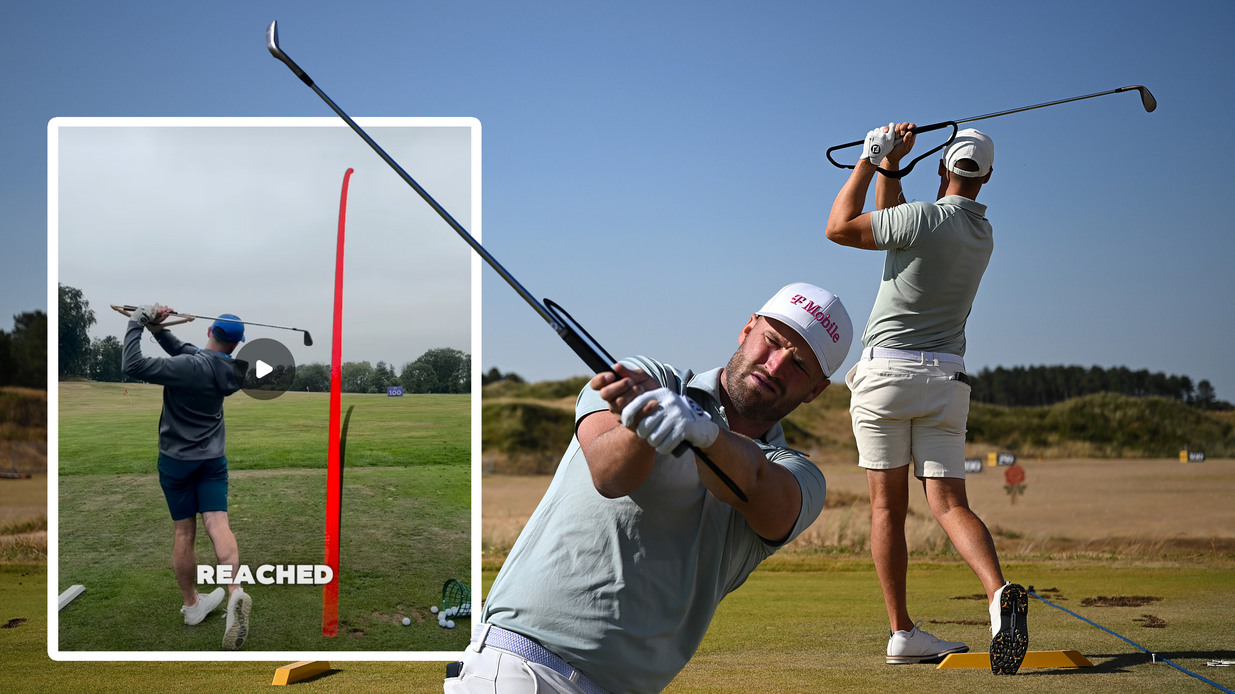 Wyndham Clark using a coat hanger to practice on the range at the Open Championship, with an inset image of Baz Plummer trying the drill for himself on the range to test it out