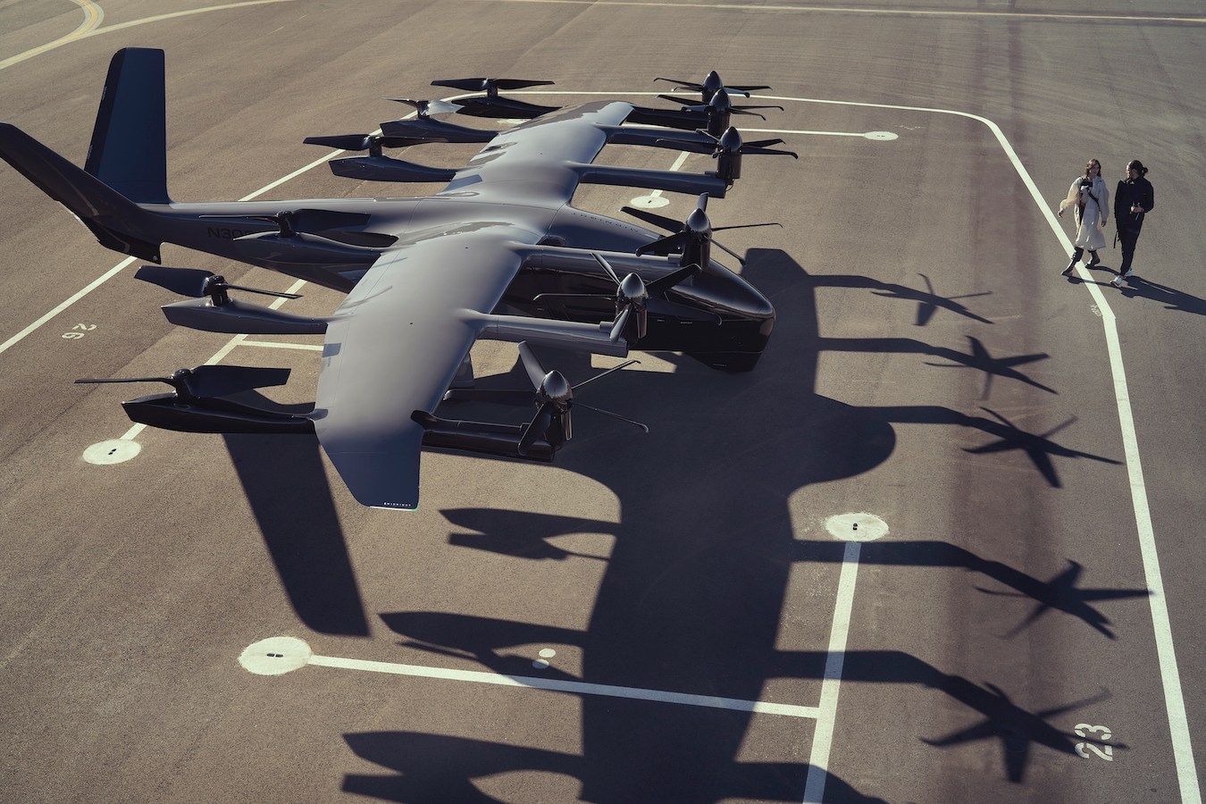 Midnight eVTOL aircraft by Archer Aviation on tarmac casting shadows