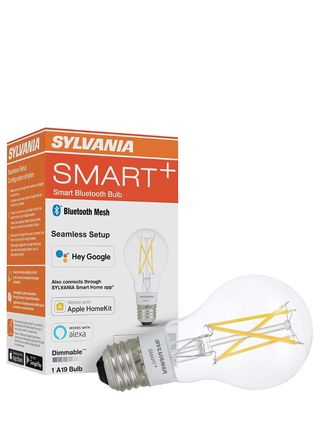 Sylvania Smart+ Filament Light Bulb and packaging on a white background.