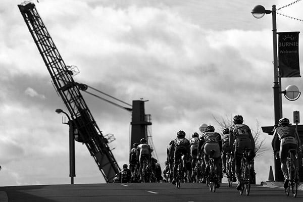 Riders climb up towards the port in Burnie on the back straight of the 800 metre circuit.