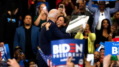 Kamala Haris hugs Joe Biden at a campaign rally.