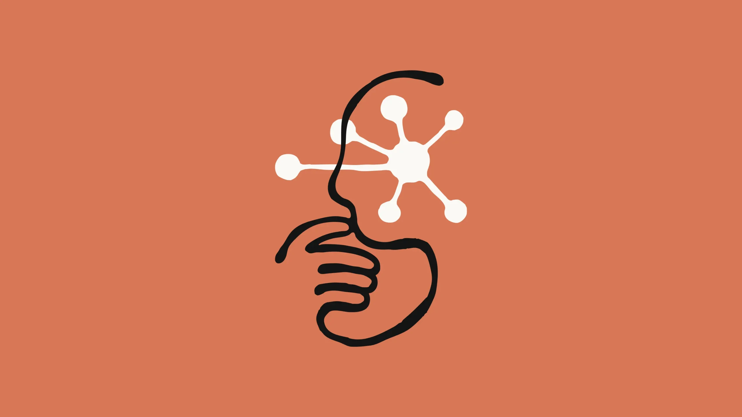 Illustration of a person in thought, with a white networking diagram in their head, on an orange background