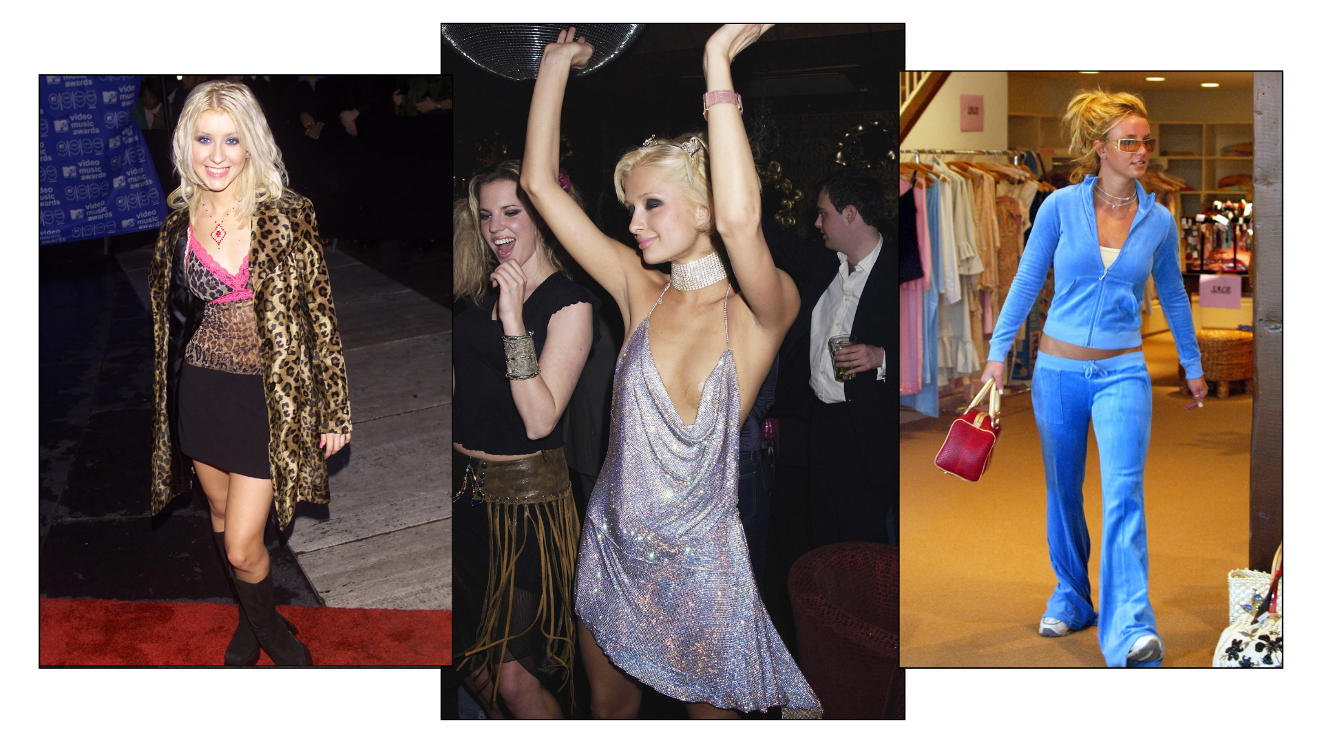 A collage of the most iconic fashion moments from the 2000s, including Paris Hilton&#039;s 21st birthday dress and Britney Spears&#039;s Juicy Couture tracksuit.