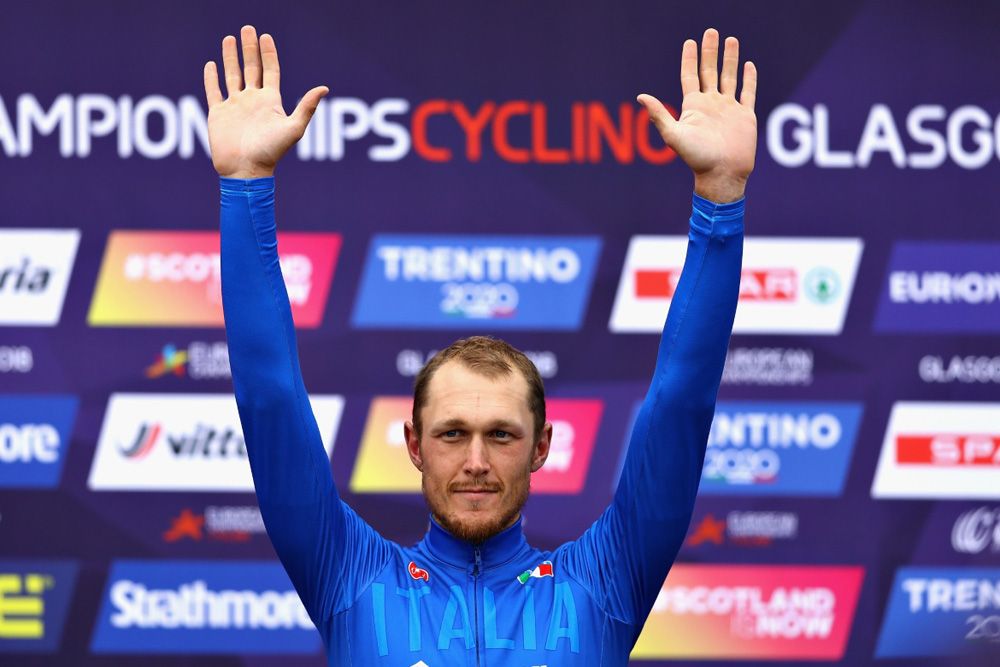 Matteo Trentin (Italy) enjoys the moment he is crowned European Champion