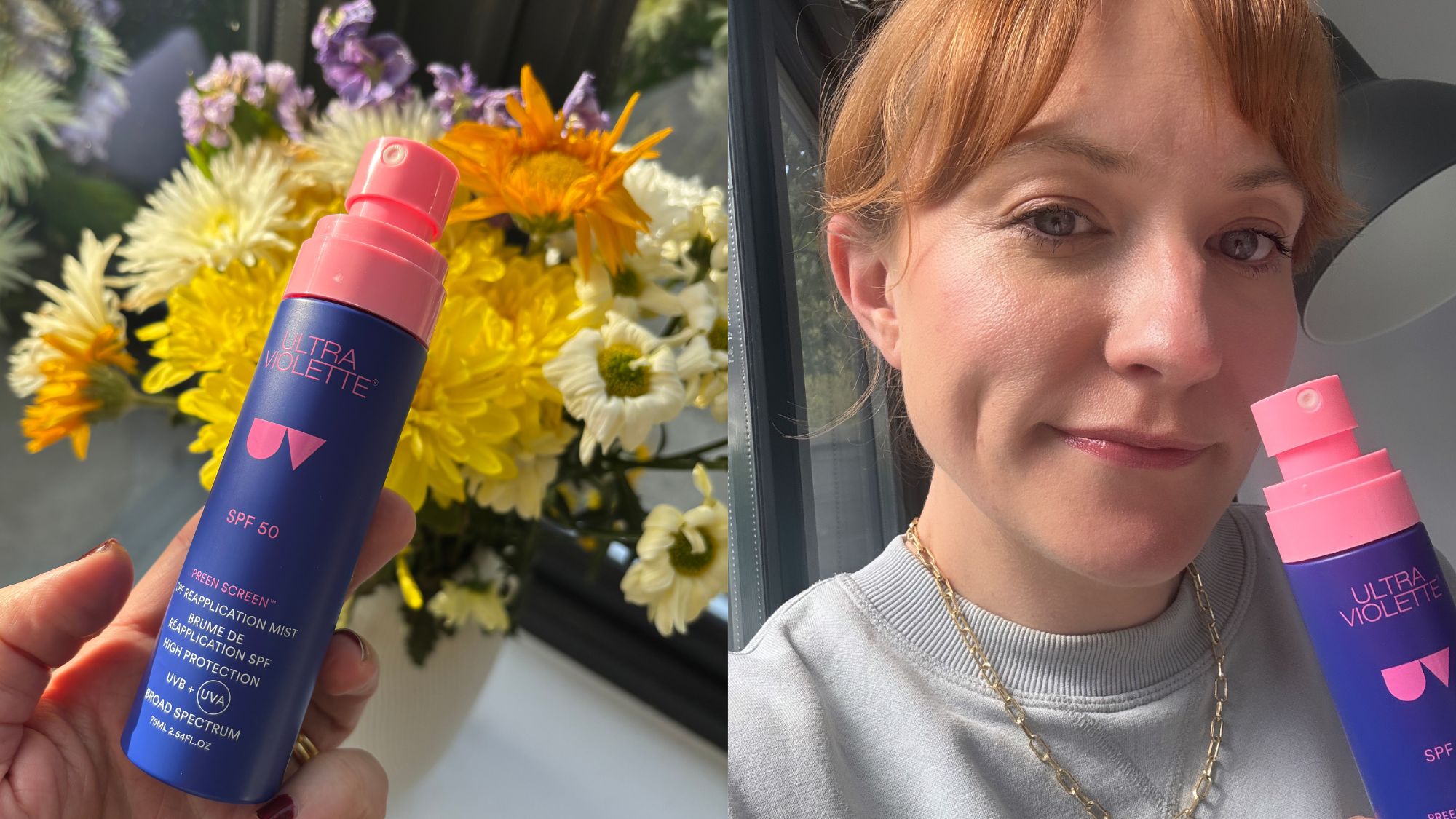 a composite of matilda with a bottle of ultra violette preen screen spf