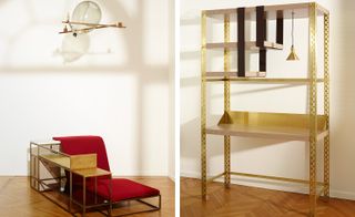 Pictured left: another in Peri’s ‘Shapes’ lamp series and his ‘Living in a Chair’ with multiple storage options crafted from bronze, glass and wood, and a marble iPad stand. Right: ‘Scaffale D’Arte’ work station in brass, wood and leather