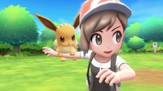 Pokemon Let's Go Eevee screenshot of a trainer sending her partner Eevee into battle.