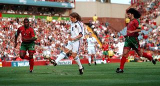 Karel Poborsky scores for the Czech Republic against Portugal at Euro 96.