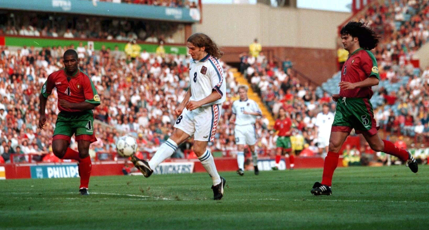 Karel Poborsky scores for the Czech Republic against Portugal at Euro 96.