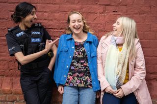 Hullraisers main cast. Taj Atwal as Rana, Leah Brotherhead as Toni and Sinéad Matthews as Paula.