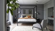 Simple bedroom ideas with dark gray walls and a black, contemporary four poster bed.