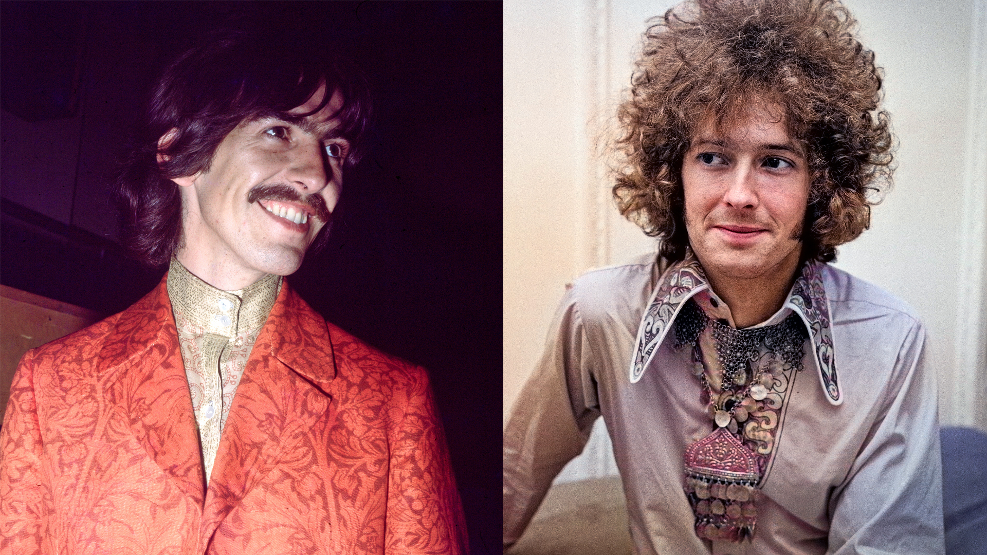LEFT: George Harrison stands smiling in a red jacket on June 30, 1967 RIGHT: Eric Clapton of Cream shows off his curly hair that is created for him by a West End hairdresser. 20th June 1967.