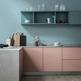 Kitchen with pale blue walls and pink cabinetry units