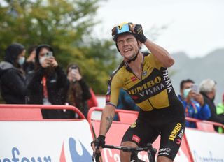 Team Jumbos Slovenian rider Primoz Roglic celebrates as he wins the 17th stage of the 2021 La Vuelta cycling tour of Spain a 1858 km race from Unquera to Lagos de Covadonga on September 1 2021 Photo by MIGUEL RIOPA AFP Photo by MIGUEL RIOPAAFP via Getty Images
