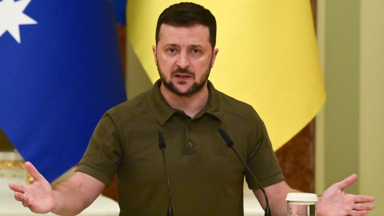 President Volodymyr Zelenskyy behind a podium